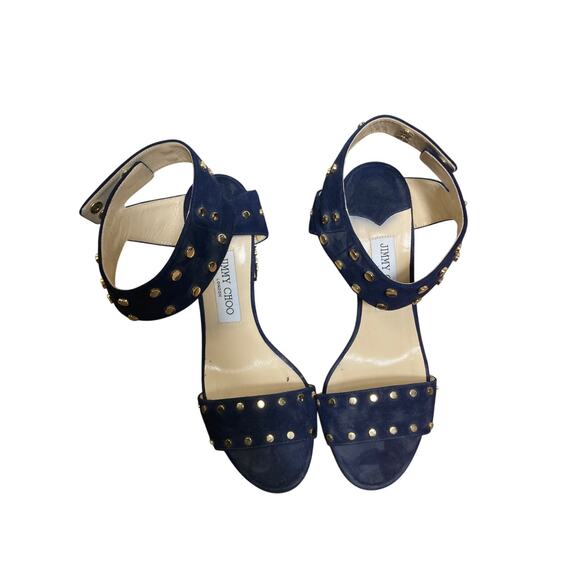 Jimmy Choo Navy Blue Velvet Sandel with 4" Heel Sz 38 - Picture 1 of 4
